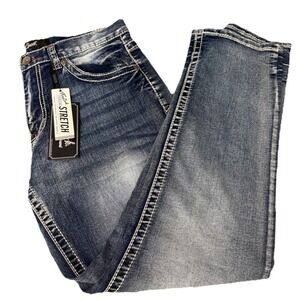 True Luck Men's Straight Leg Jeans Size 36x32 Red Thick Stitched Pockets New